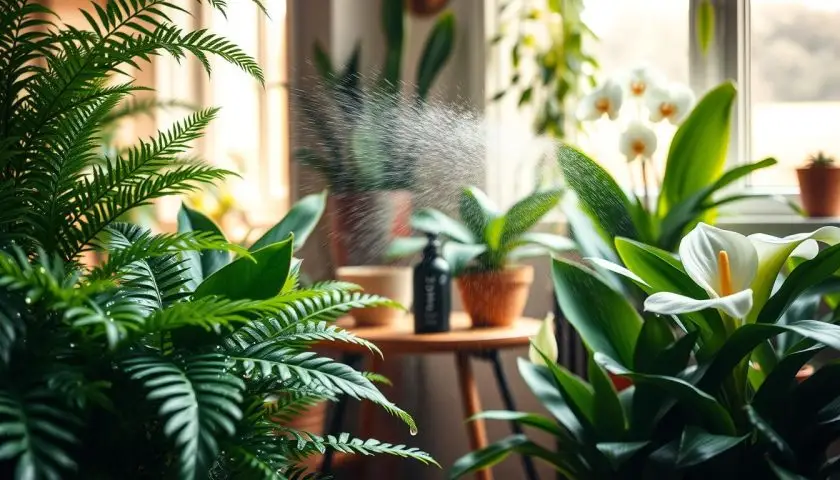 benefits of misting for plants benefits of misting for plants shown with ferns orchids and peace lilies indoors