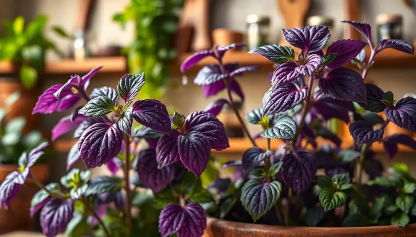purple basil plant purple basil plant growing in a sunny herb container with dark purple leaves